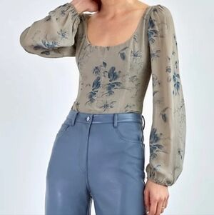 House of Harlow 1960 Long Mesh Sleeve Bustier Blouse Grey Blue Floral Size M